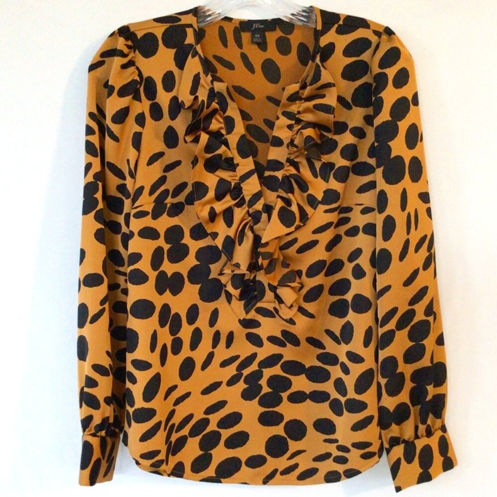 J Crew Silky Ruffle Front V-neck Blouse in Cheetah Sz XS